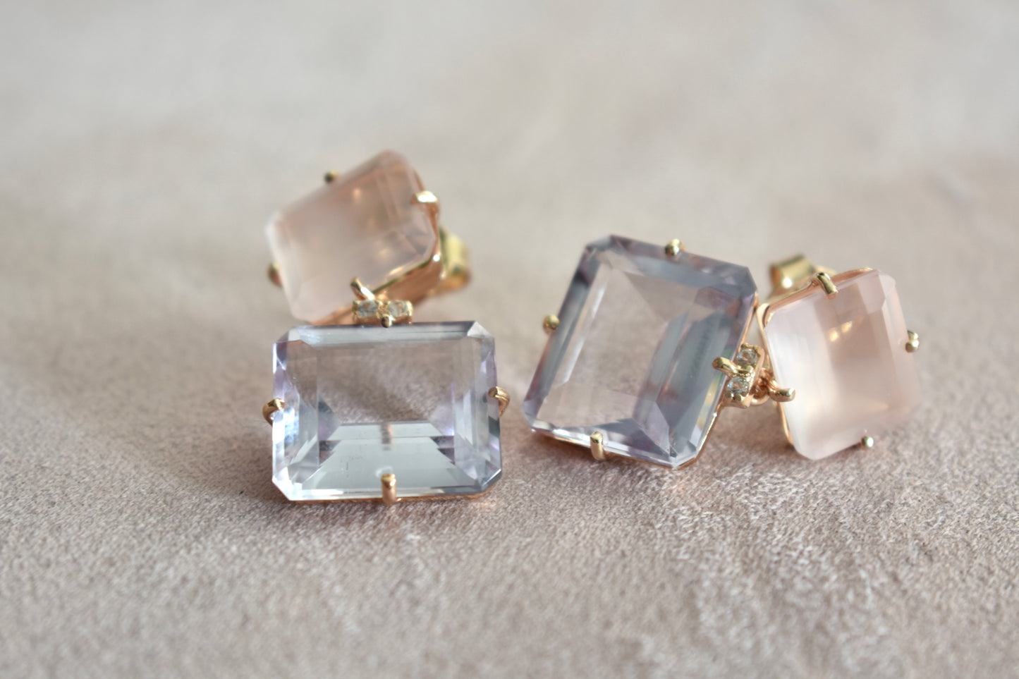 Coluna 18K Gold Earrings with Pink Amethyst and Rose Quartz Gemstones