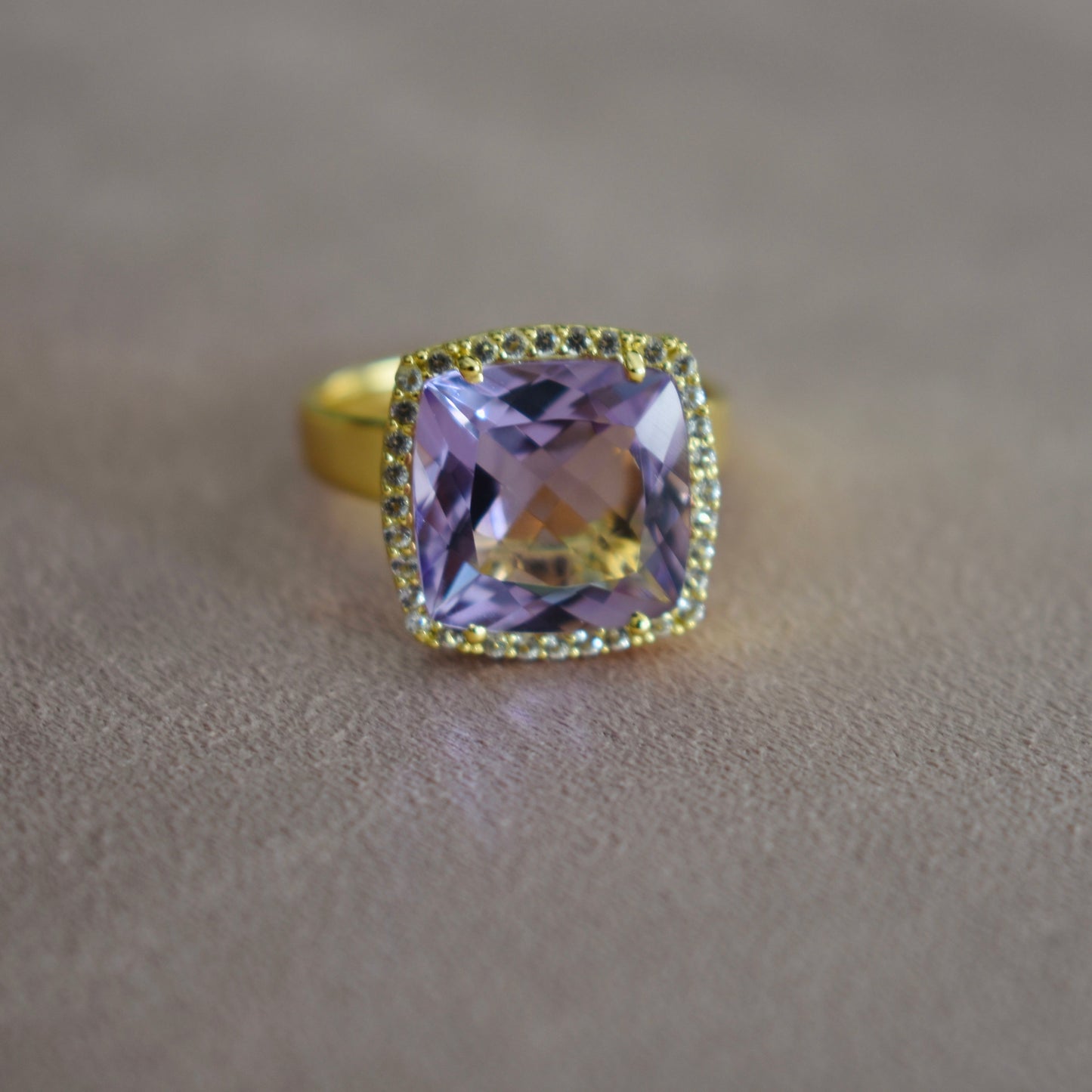 Deux 18k Yellow Gold Lilac Opal Amethyst and White Topaz Ring