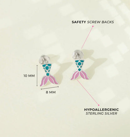 Mermaid Tail Sterling Silver Screw Back Enamel Earrings