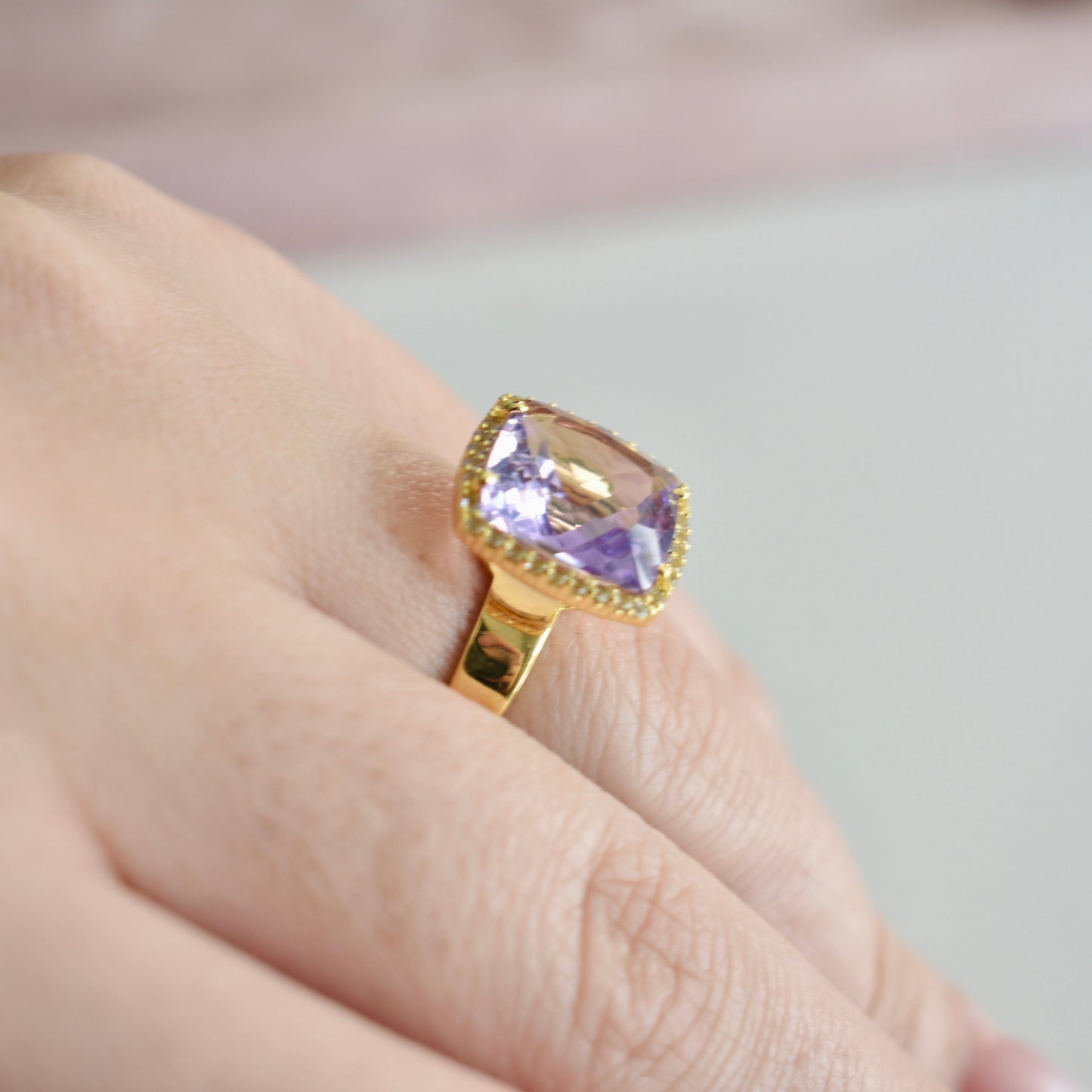 Deux 18k Yellow Gold Lilac Opal Amethyst and White Topaz Ring