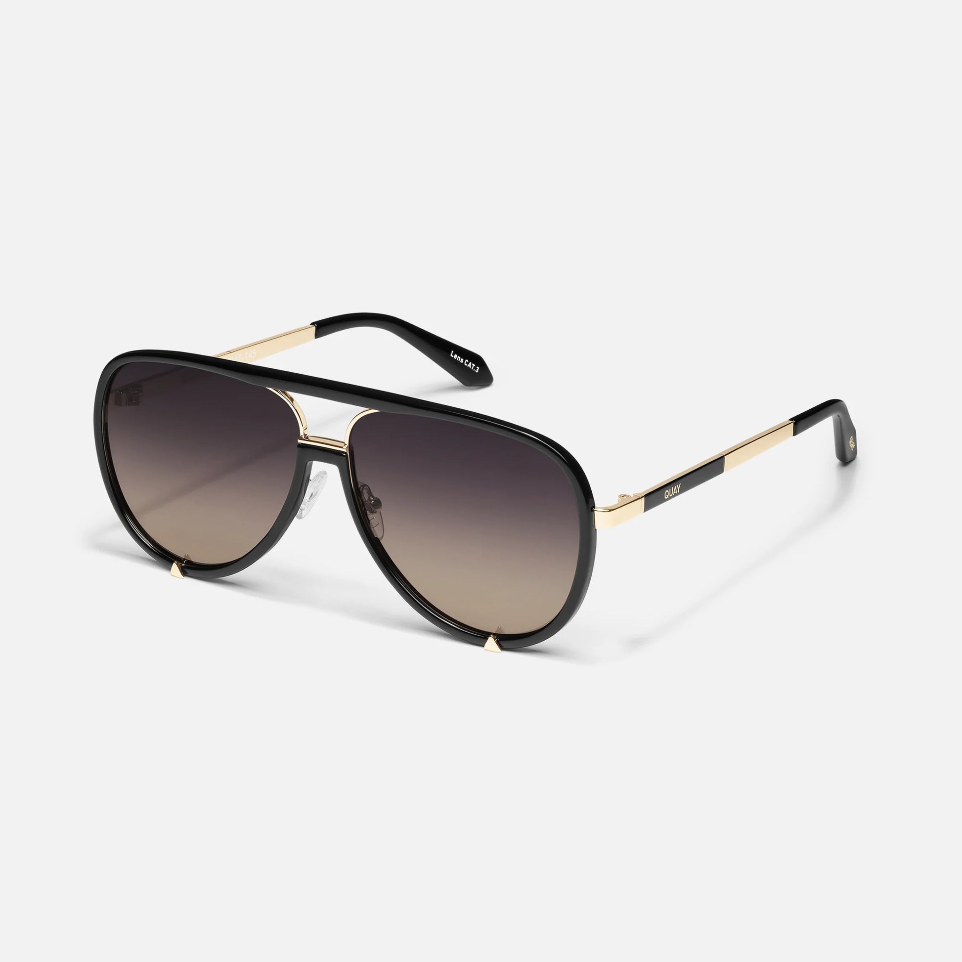 Sunglasses with black frame and gradient lenses on a white background