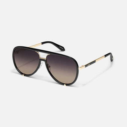 Sunglasses with black frame and gradient lenses on a white background