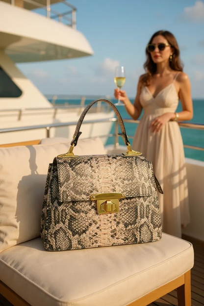 Woman in a dress holding a glass of wine on a yacht with a snake print handbag in the foreground.