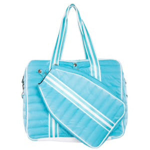 Light blue quilted handbag with white stripes on a white background