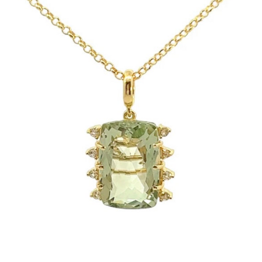 Gold necklace with a green gemstone pendant on a white background
18K Gold plated over 925 Silver - 3.5 grs
Antique cut Prasiolite - 10.6 cts
11 White Topaz round 1.0 mm diamond cut
