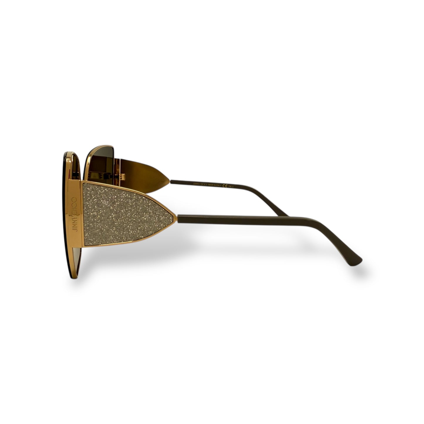 Jimmy Choo - Rivers Women Sunglasses oversized, side crystals on arm design, gold frame, dark brown lens gradient. left side view. logo shown on arm