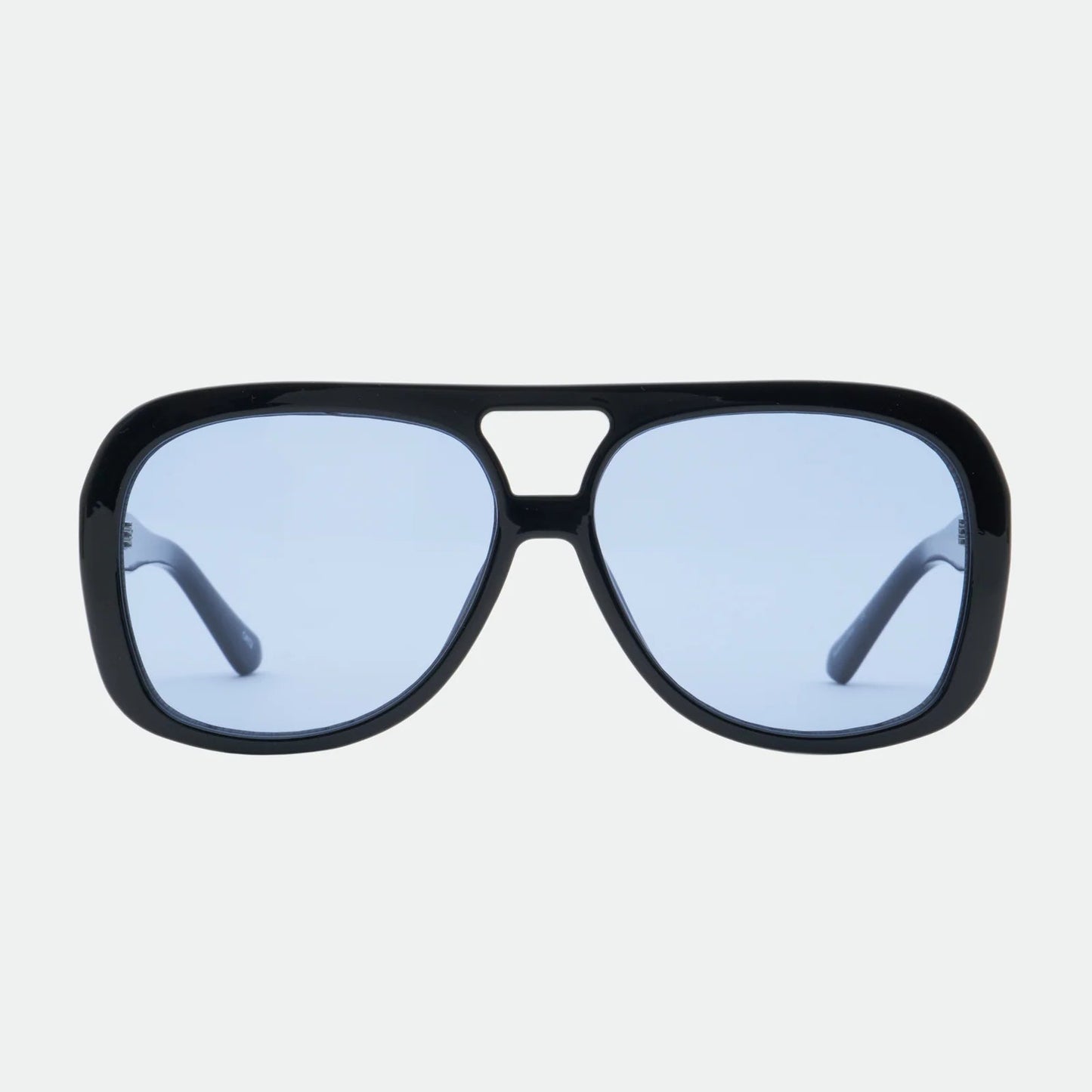 Black sunglasses with blue lenses on a white background