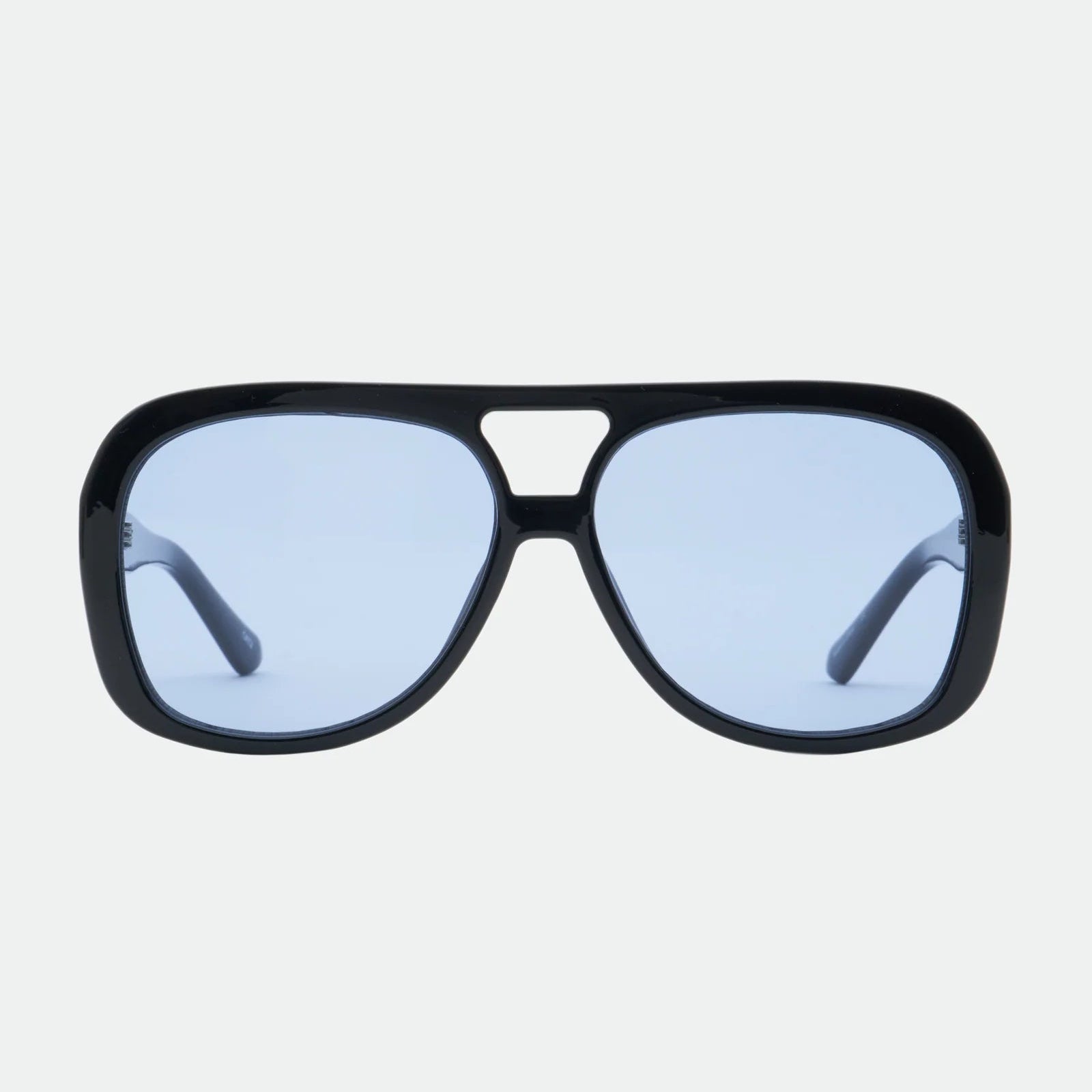 Black sunglasses with blue lenses on a white background