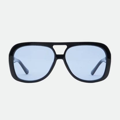 Black sunglasses with blue lenses on a white background