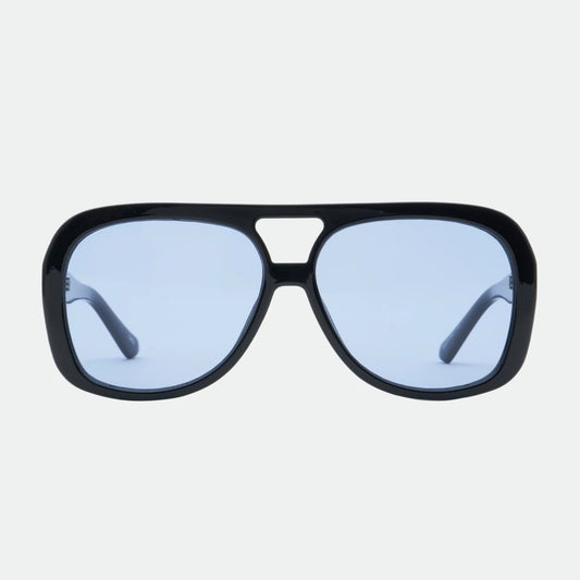 Black sunglasses with blue lenses on a white background