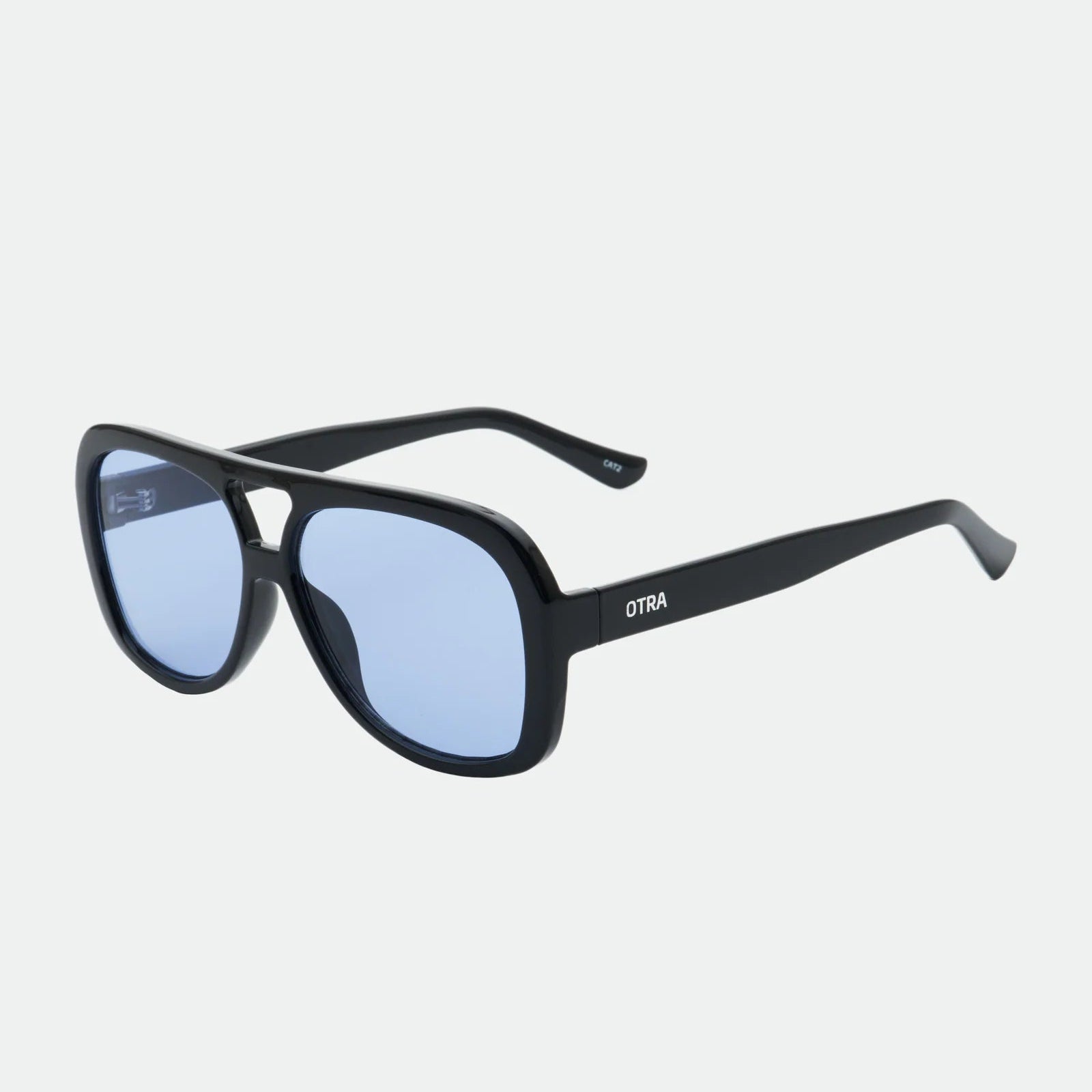 Black sunglasses with blue lenses on a white background