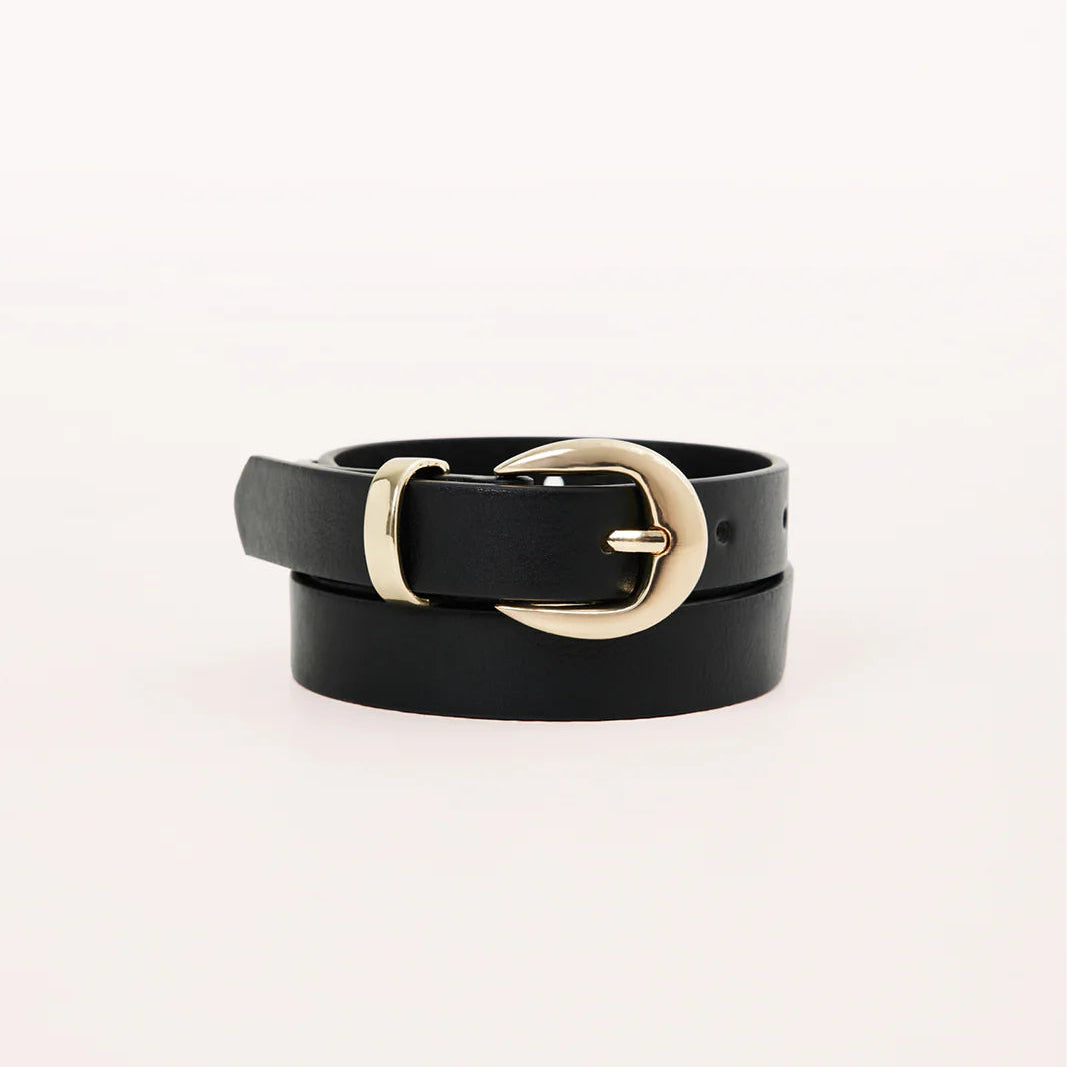 Black belt with a gold buckle on a light gray background