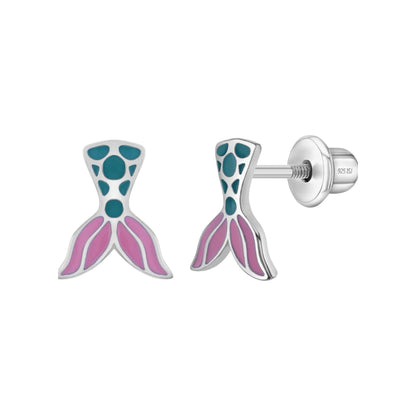 Mermaid Tail Sterling Silver Screw Back Enamel Earrings