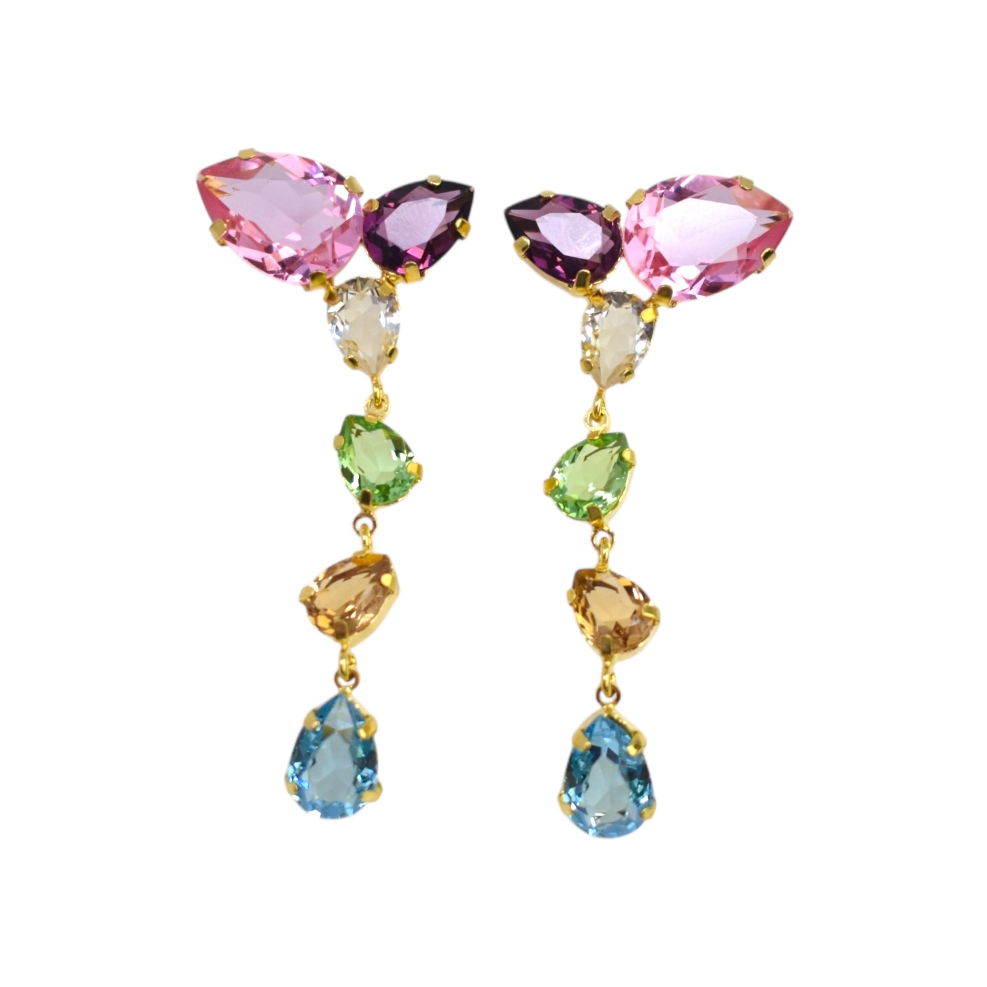 Multicolored gemstone earrings on a white background
Material: Sterling Silver, Gold Plated, Swarovski Crystals

Color: gold, light pink and white, light blue, pink, purple, white, and green

Measurement: .5 cm thickness, 2" length, 2.5 cm width