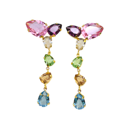 Multicolored gemstone earrings on a white background
Material: Sterling Silver, Gold Plated, Swarovski Crystals

Color: gold, light pink and white, light blue, pink, purple, white, and green

Measurement: .5 cm thickness, 2" length, 2.5 cm width