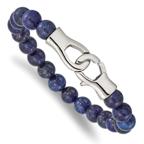 Blue beaded bracelet with a silver clasp on a white background
Material: stainless steel, genuine Lapis beads
Color: blue beads, silver stainless steel clasps
Closure: lobster (fancy)
Measurement: 9" circumference with .5" additional stretch. 10 mm beads