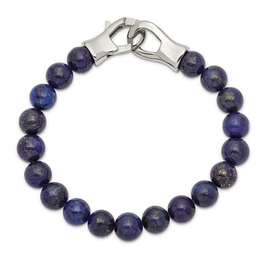 Blue beaded bracelet with a silver clasp on a white background
Material: stainless steel, genuine Lapis beads
Color: blue beads, silver stainless steel clasps
Closure: lobster (fancy)
Measurement: 9" circumference with .5" additional stretch. 10 mm beads