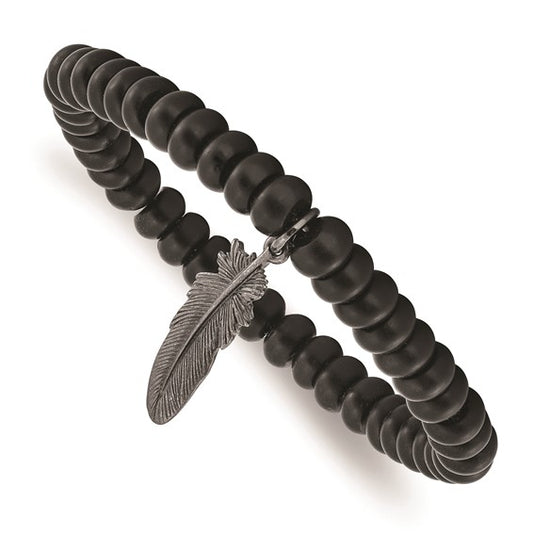 Material: matte black Agate Rhondelle beads, Brass feather

Measurement: 8.5" circumference with about an 1" stretch
close up 
