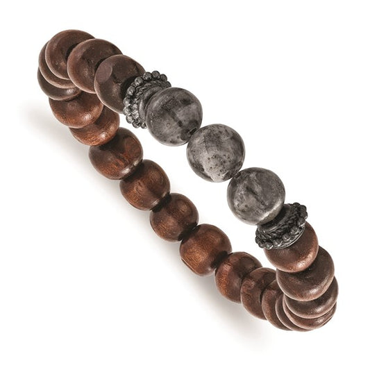 Material: wooden beads, labradorite beads

Measurement: 8.5" circumference with about an 1" stretch

Style: BLB1026
CLOSE UP PICTURE