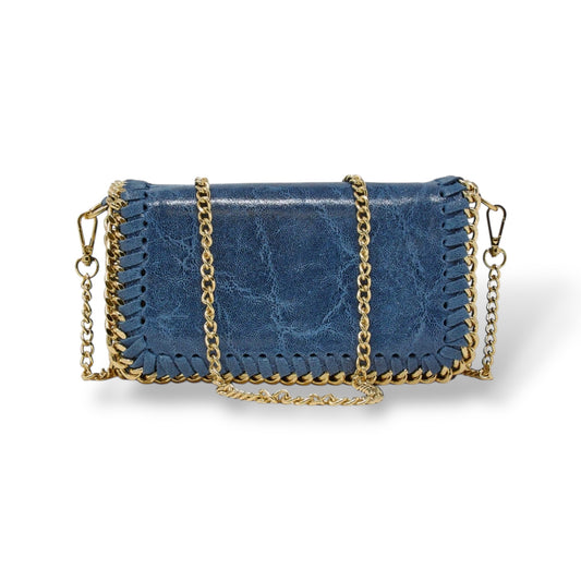 Blue handbag with gold chain strap on a white background