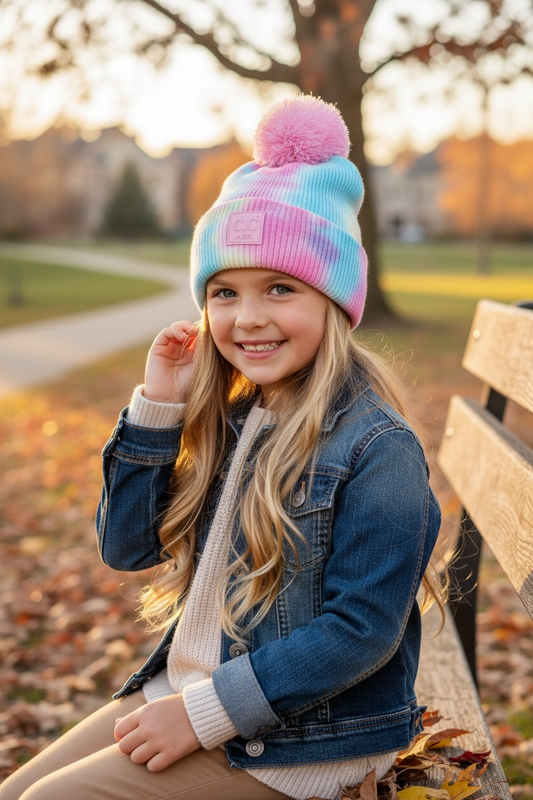 Young girl wearing a colorful beanie sitting on a park bench with a blurred autumn background
