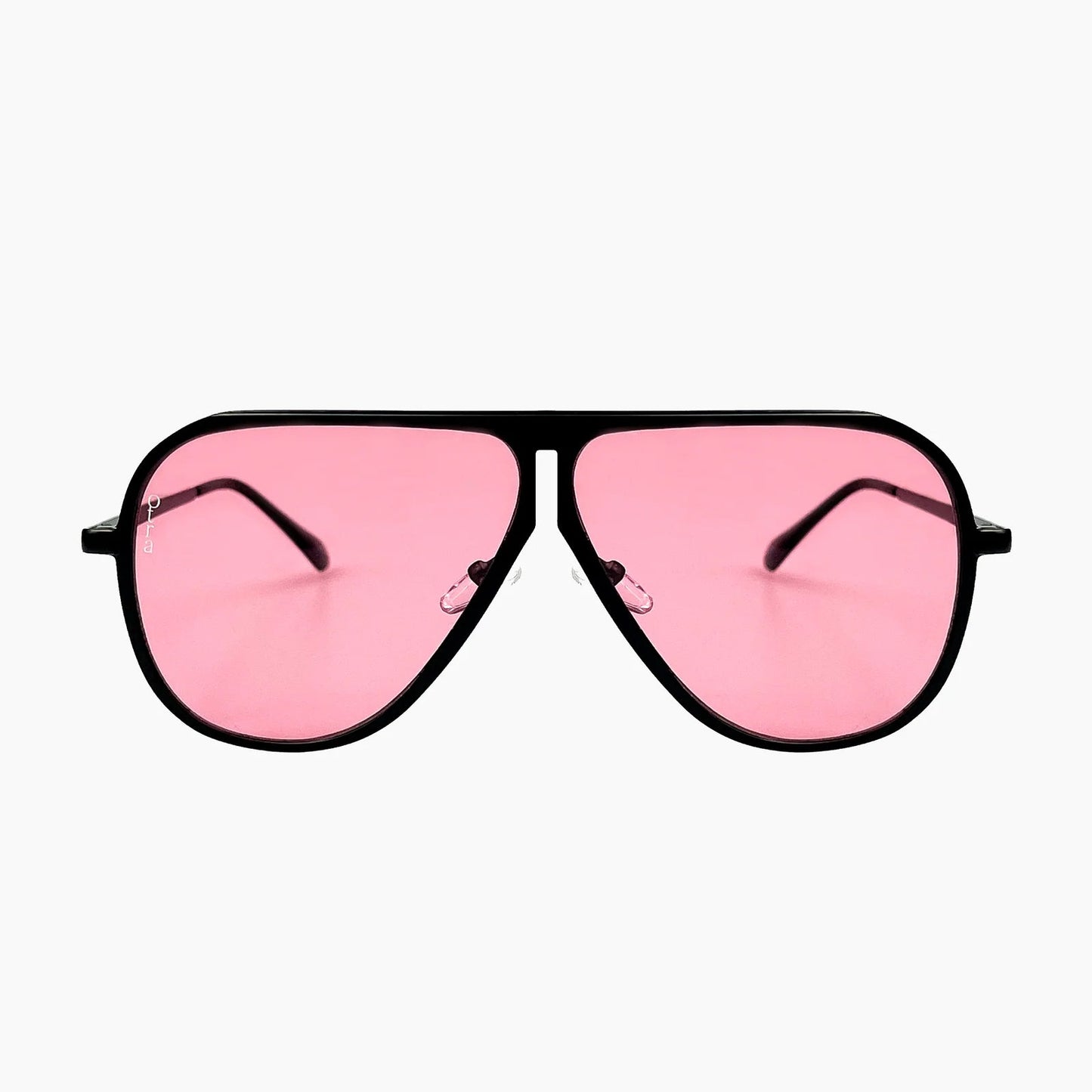 Pink sunglasses with black frames on a white background