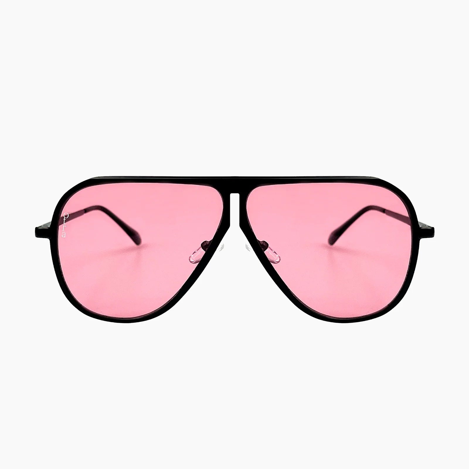 Pink sunglasses with black frames on a white background