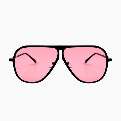 Pink sunglasses with black frames on a white background