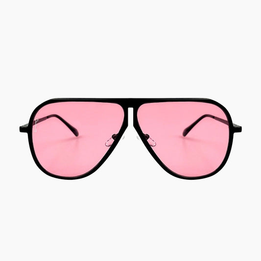 Pink sunglasses with black frames on a white background