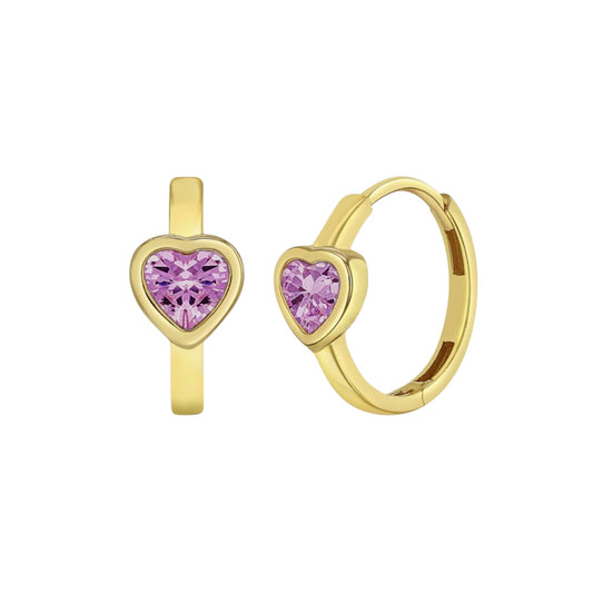 14k Gold Pink Heart Girls Hoop Earrings