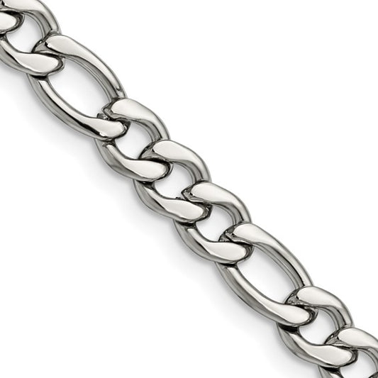Silver chain bracelet on a white background
Material: stainless steel flat Figaro links
Color: silver
Closure: lobster (fancy)
Measurement: 9" circumference. 6.75 mm width