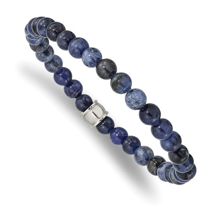 Blue beaded bracelet with a silver clasp on a white background
Material: stainless steel, blue Sodalite 6 mm beads
Color: blue beads, 1 silver stainless steel bead
