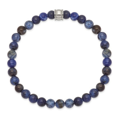 Blue beaded bracelet with a silver clasp on a white background
Material: stainless steel, blue Sodalite 6 mm beads
Color: blue beads, 1 silver stainless steel bead