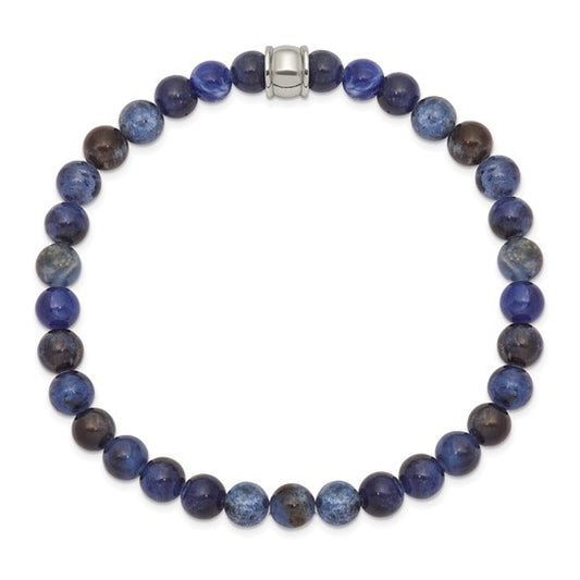 Blue beaded bracelet with a silver clasp on a white background
Material: stainless steel, blue Sodalite 6 mm beads
Color: blue beads, 1 silver stainless steel bead
