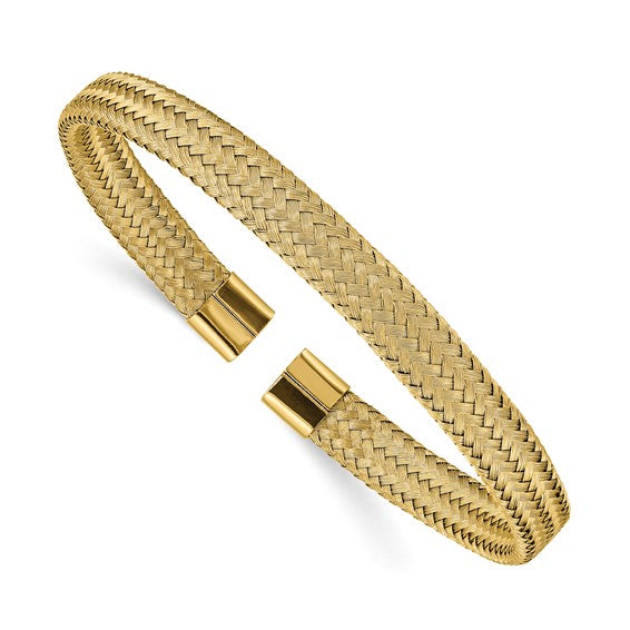 Gold braided bracelet on a white background
Material: stainless steel, polished yellow IP-plated mesh wire
Color: gold
Closure: cuff, open, slip-on