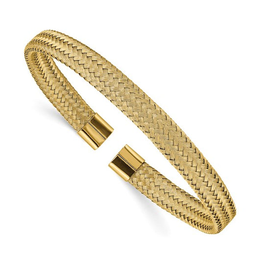 Gold braided bracelet on a white background
Material: stainless steel, polished yellow IP-plated mesh wire
Color: gold
Closure: cuff, open, slip-on