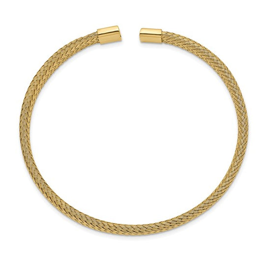 Gold braided bracelet on a white background
Material: stainless steel, polished yellow IP-plated mesh wire
Color: gold
Closure: cuff, open, slip-on