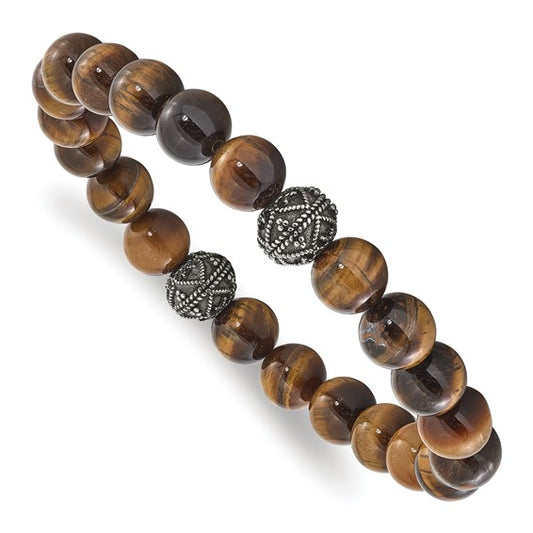 Bracelet with brown beaded design and silver metal beads on a white background
 Material: stainless steel, brown Tiger's Eye beads 10 mm beads
Color: brown beads, 2 silver stainless steel antiqued bead
Closure: infinity
Measurement: 8" circumference 
