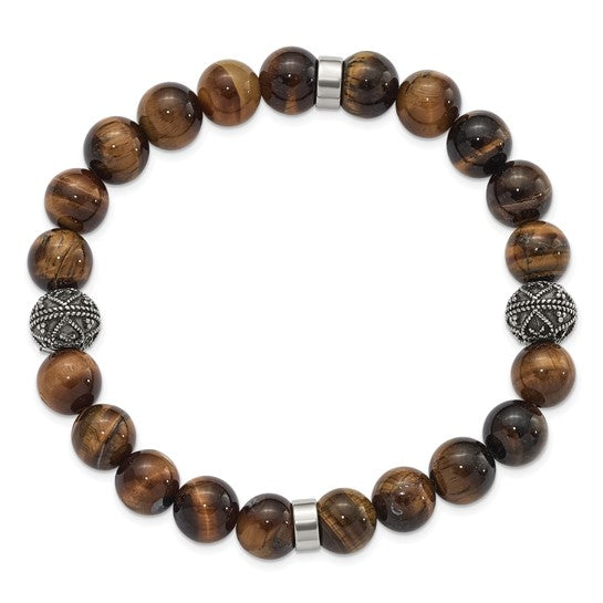 Brown beaded bracelet with silver accents on a white background
 Material: stainless steel, brown Tiger's Eye beads 10 mm beads
Color: brown beads, 2 silver stainless steel antiqued bead
Closure: infinity
Measurement: 8" circumference 