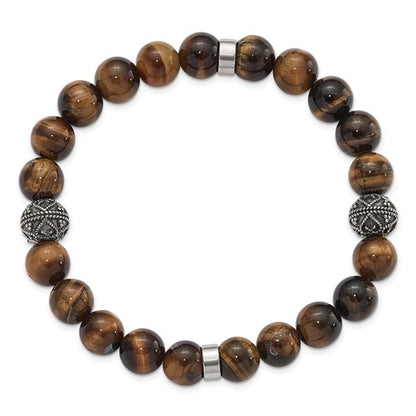 Brown beaded bracelet with silver accents on a white background
 Material: stainless steel, brown Tiger's Eye beads 10 mm beads
Color: brown beads, 2 silver stainless steel antiqued bead
Closure: infinity
Measurement: 8" circumference 