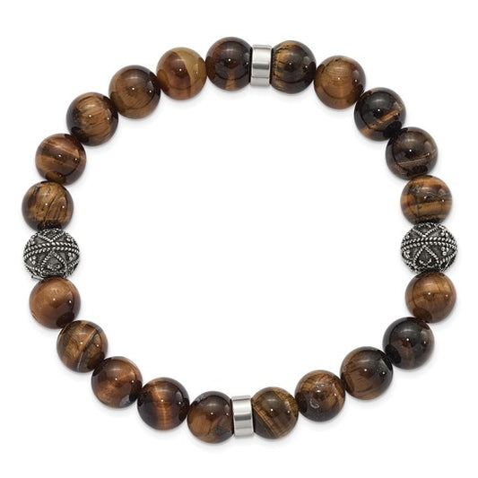 Brown beaded bracelet with silver accents on a white background
 Material: stainless steel, brown Tiger's Eye beads 10 mm beads
Color: brown beads, 2 silver stainless steel antiqued bead
Closure: infinity
Measurement: 8" circumference 