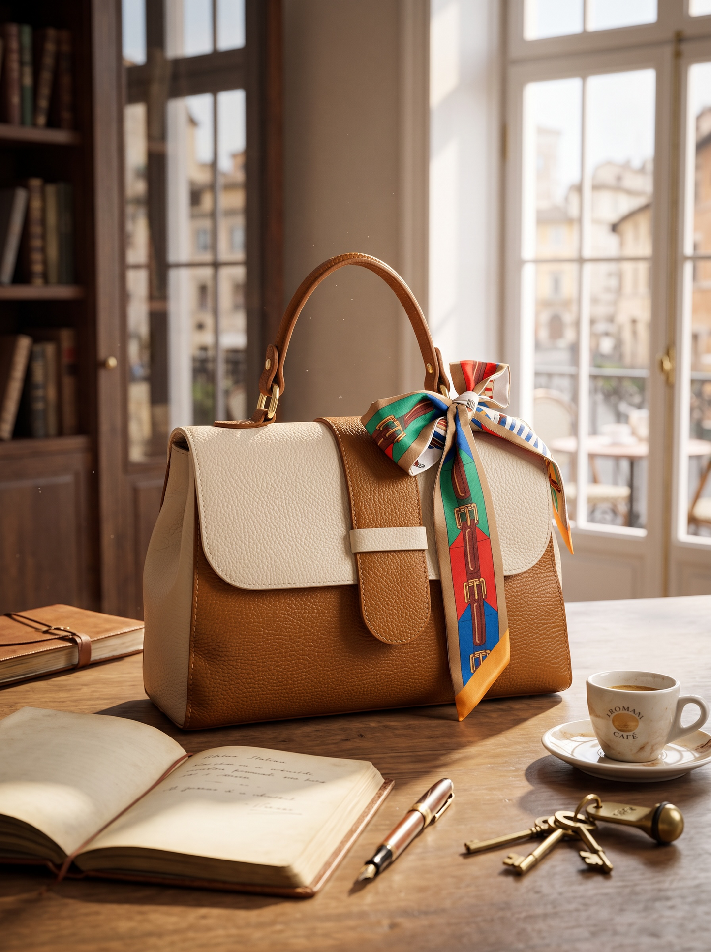 A structured tan and cream leather handbag sits on a wooden table in a sunlit room, styled with a colorful patterned scarf tied around the handle. An open book, pen, keys, and a coffee cup are nearby, with bookshelves and large windows in the background.
