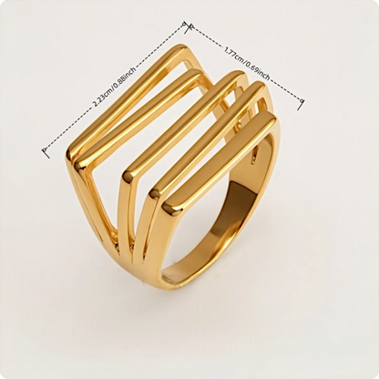Gold ring with geometric design and measurements on a white background