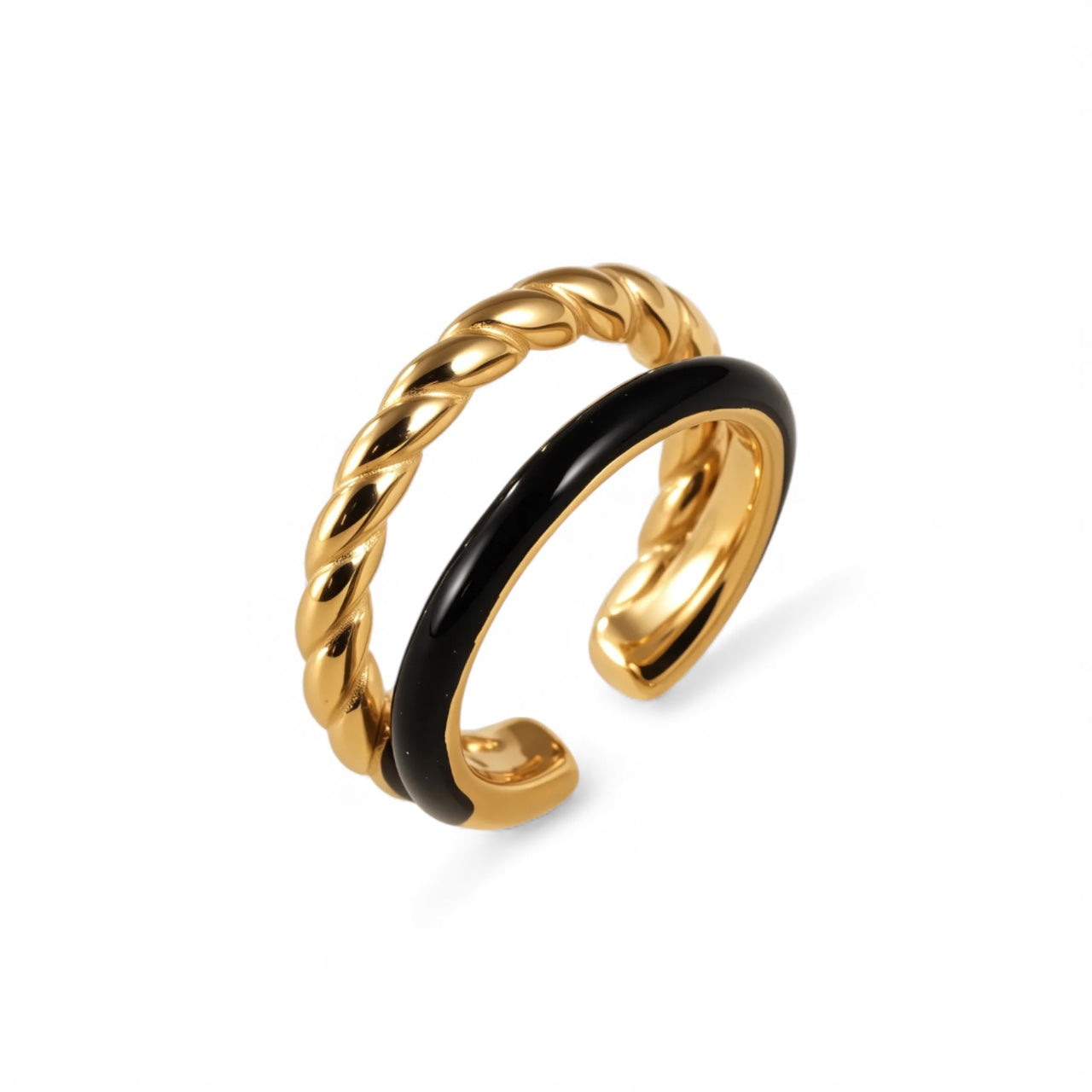 Gold and black open ring on a white background