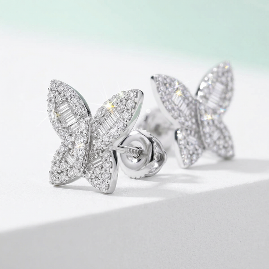 Women's 0.50CT Natural Round/Baguette Diamonds, 10K White Gold Butterfly Earrings