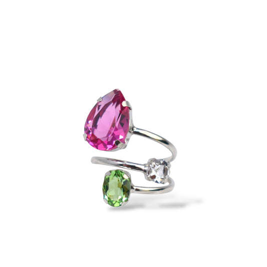 Silver ring with pink and green gemstones on a white background
Material: sterling silver, rhodium plated, bright pink, white and light green Swarovski crystals

Color: silver, bright pink, white and light green

Ring type: statement

Size: 7.5
