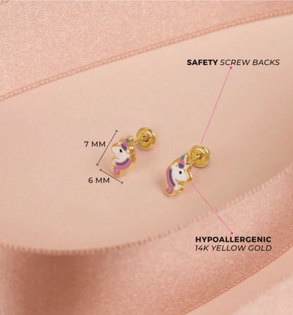 14k Gold Colorful Unicorn Screw Back Girls Earrings