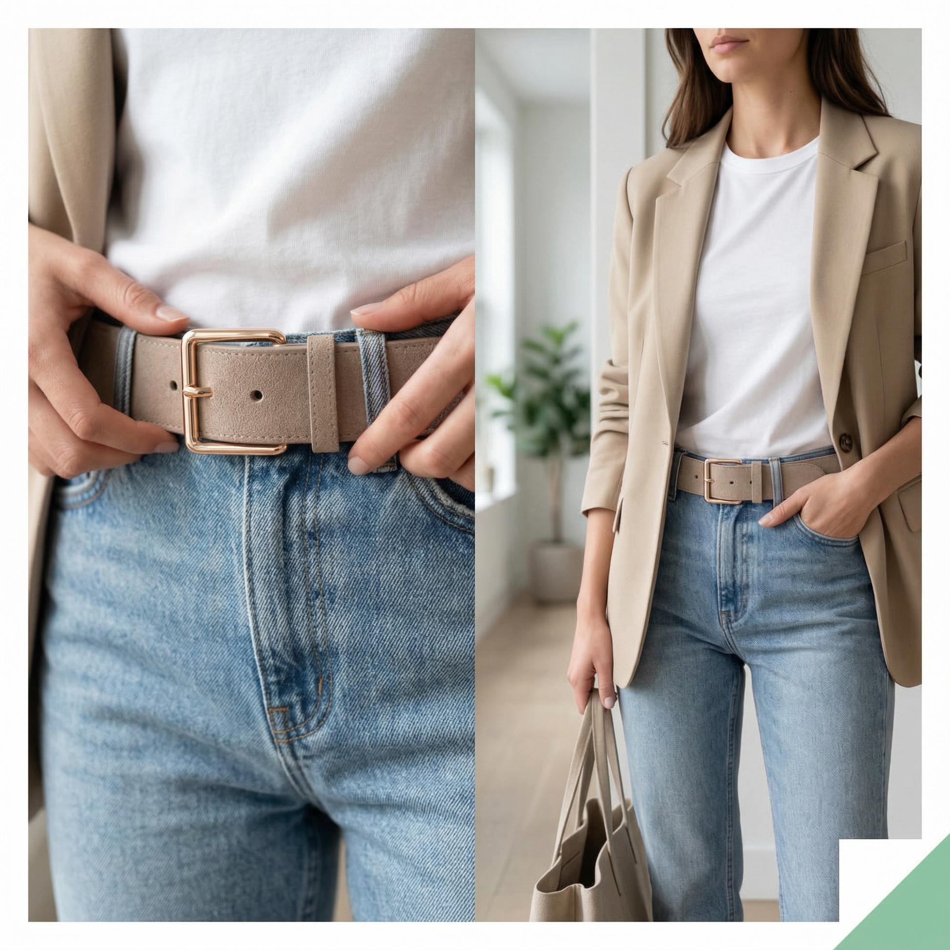 Close-up of a belt being adjusted on jeans and a person wearing a beige blazer with the belt.