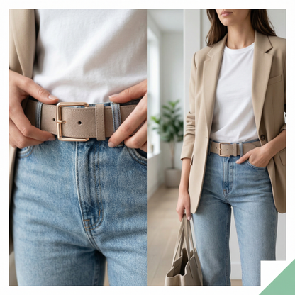 Close-up of a belt being adjusted on jeans and a person wearing a beige blazer with the belt.