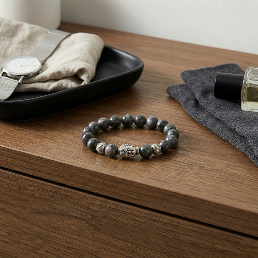 Beaded bracelet with Buddha charm on a wooden surface with a watch and other items.